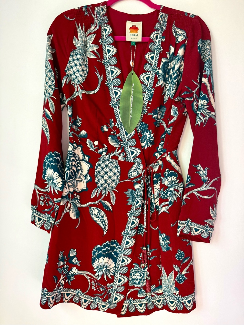 FARM Rio Crimson Floral Wrap Dress with Teal & Cream Accents Size XS - Picture 2 of 6